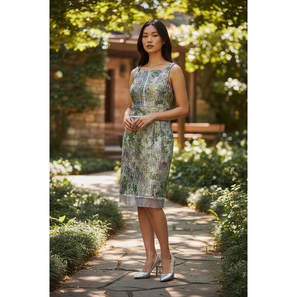 Theia Lavender Green Metallic Floral Dress 10 Sheath Sleeveless Cocktail Wedding - Picture 1 of 13